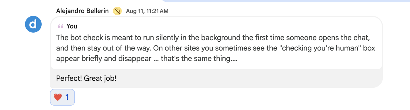Alejandro Bellerin on a background bot check: "Perfect! Great job!"