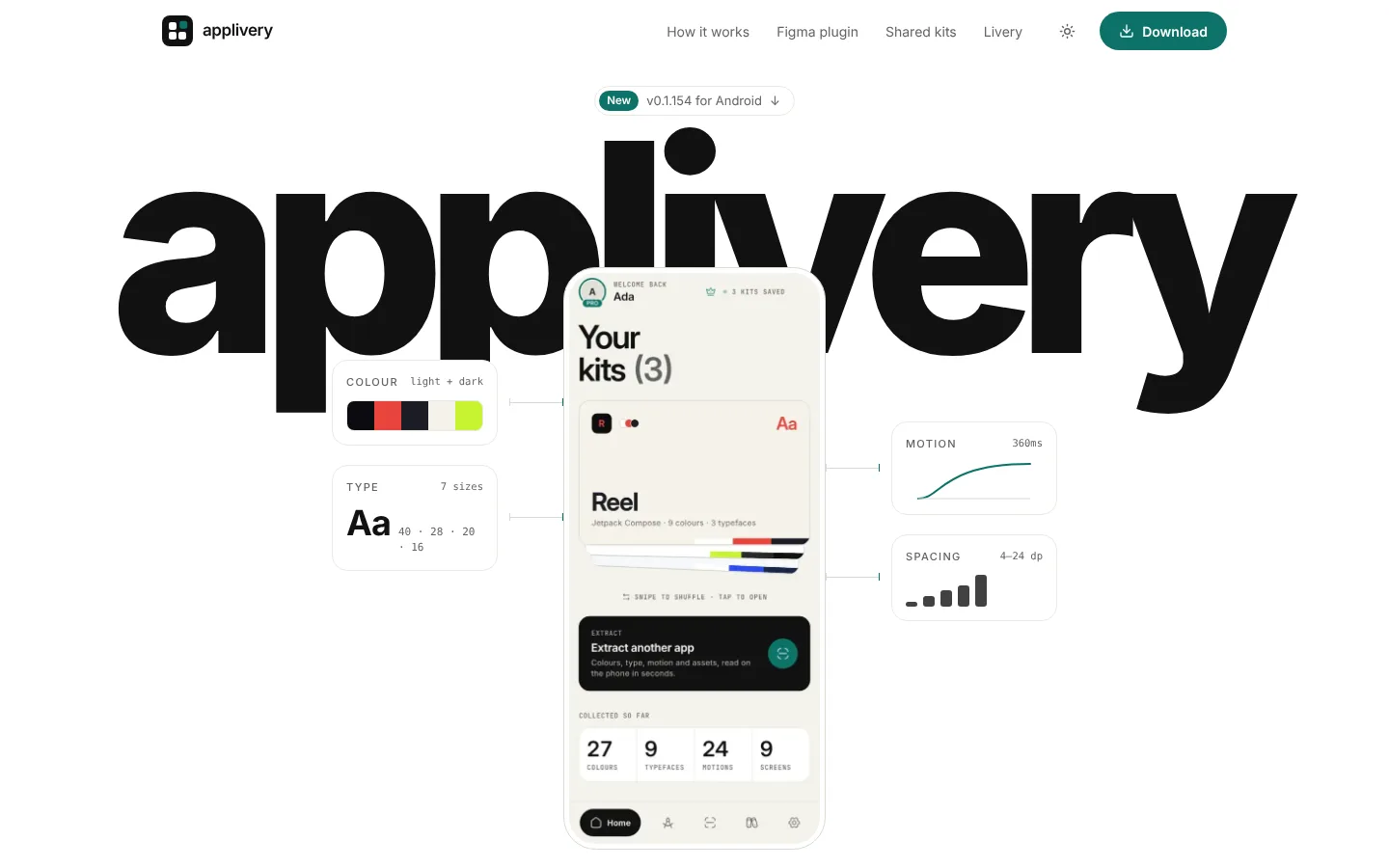 Applivery, the Android sibling: an installed app's colours, type and motion, read on the phone.