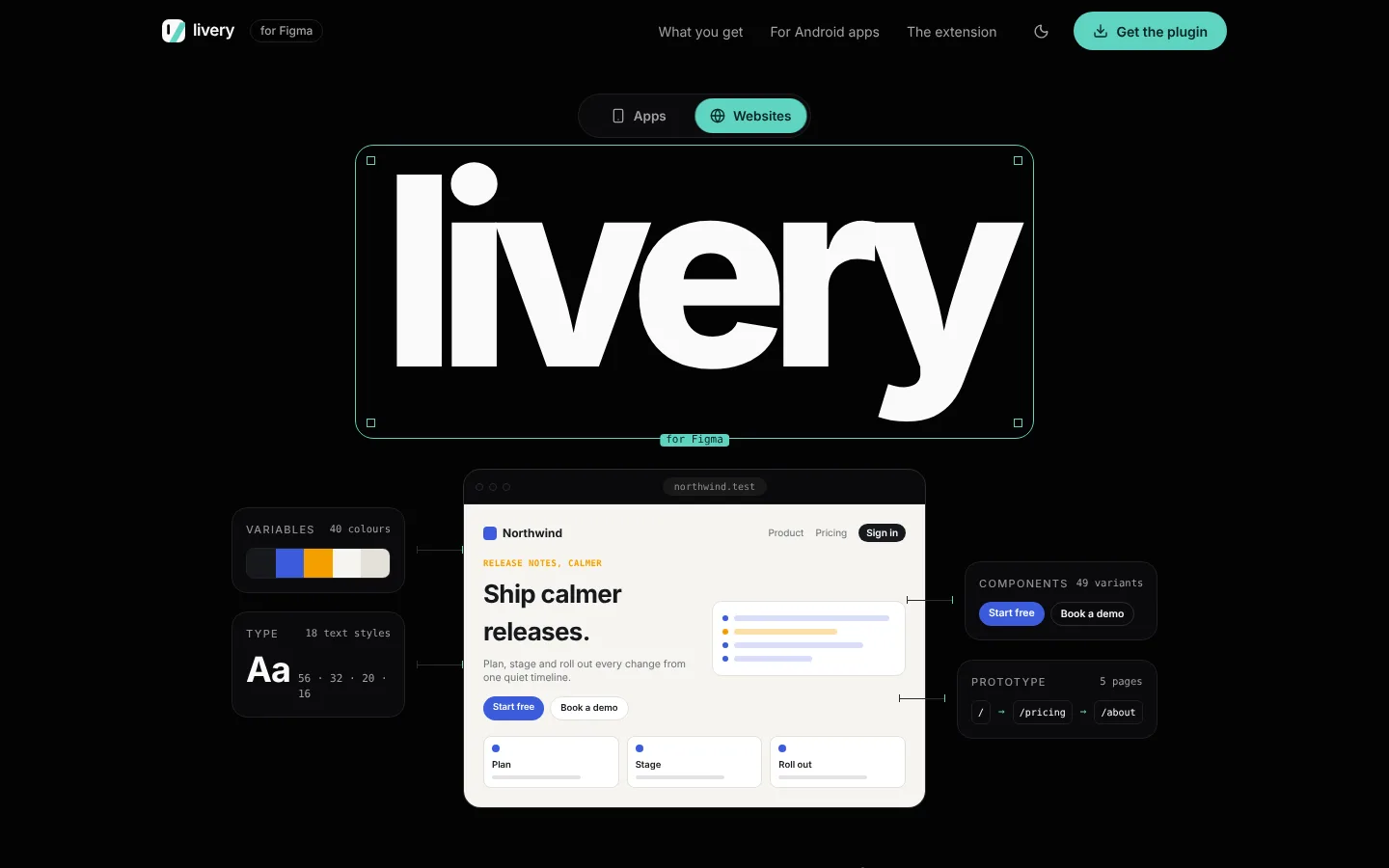 Livery for Figma rebuilds a copied site as editable frames, variables and text styles.