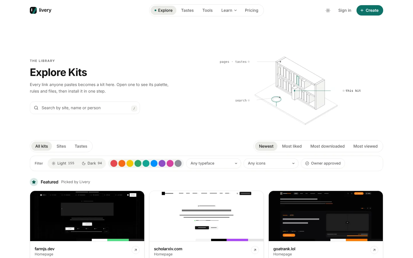 The public library: every kit anyone has built, filterable by theme, colour, typeface and icons.